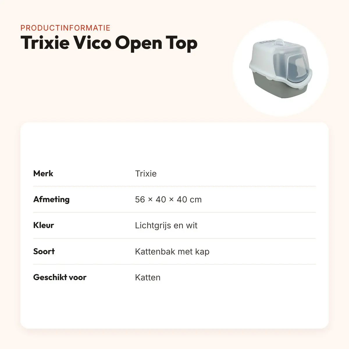 Trixie kattenbak Vico Open Top lichtgrijs/wit 56 x 40 x 40 cm – productinformatie