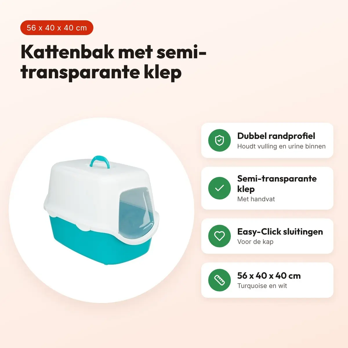 Trixie kattenbak Vico turquoise/wit 56 x 40 x 40 cm – met klep – voordelen