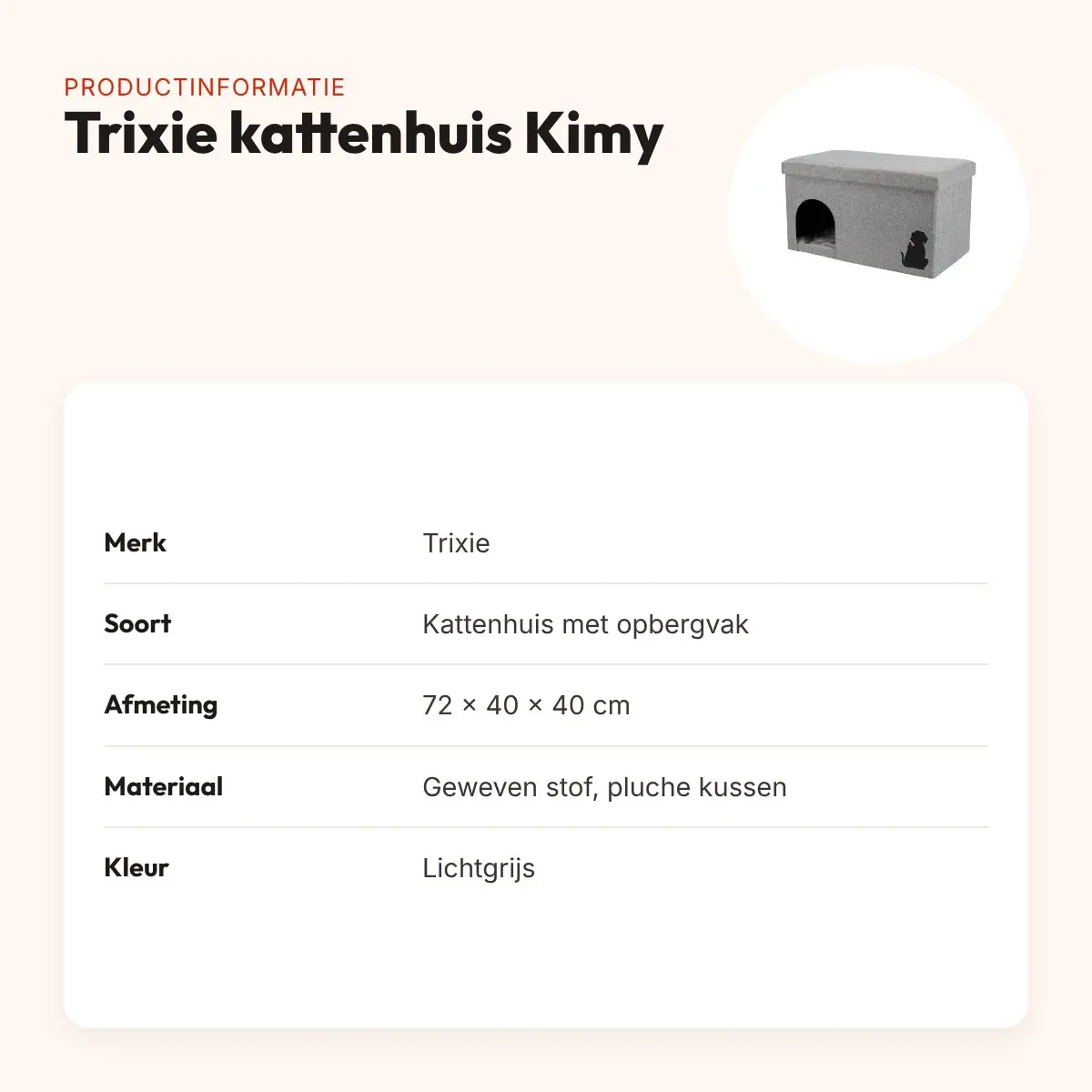 Trixie kattenhuis Kimy lichtgrijs 72 x 40 x 40 cm – met opbergvak – productinformatie