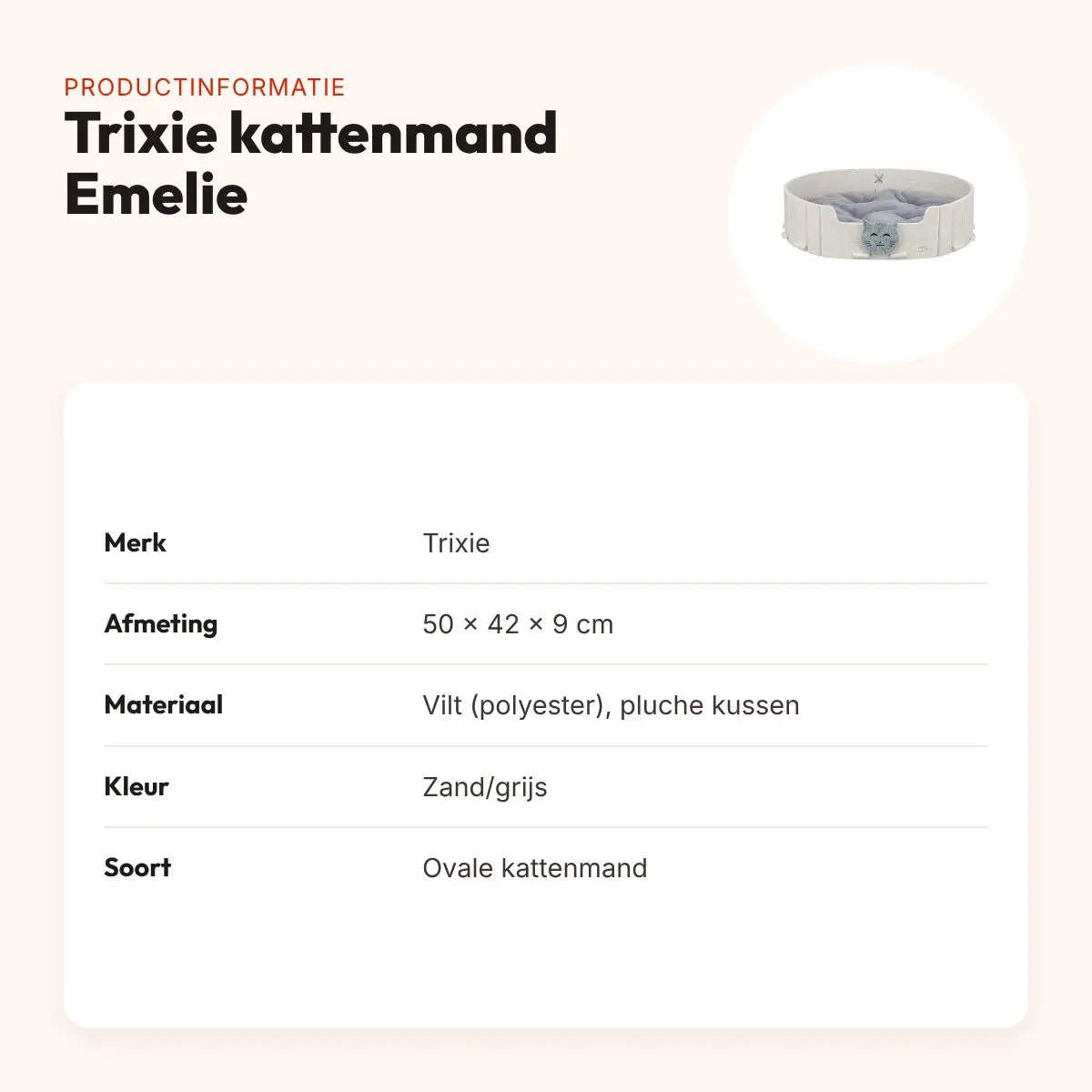 Trixie kattenmand Emelie vilt ovaal zand/grijs 50 x 42 x 9 cm – productinformatie