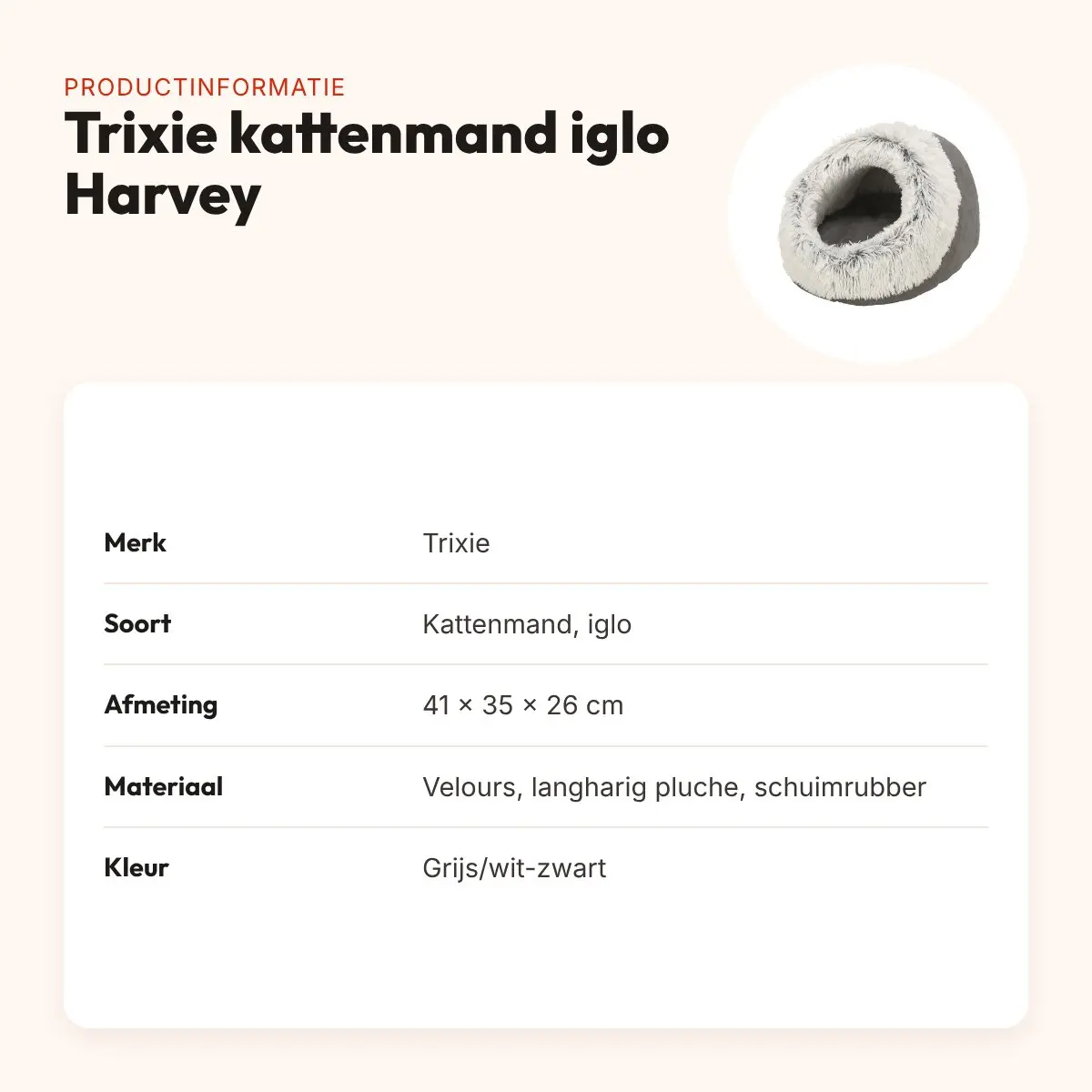 Trixie kattenmand iglo Harvey grijs/wit-zwart 41 x 35 x 26 cm – velours – productinformatie