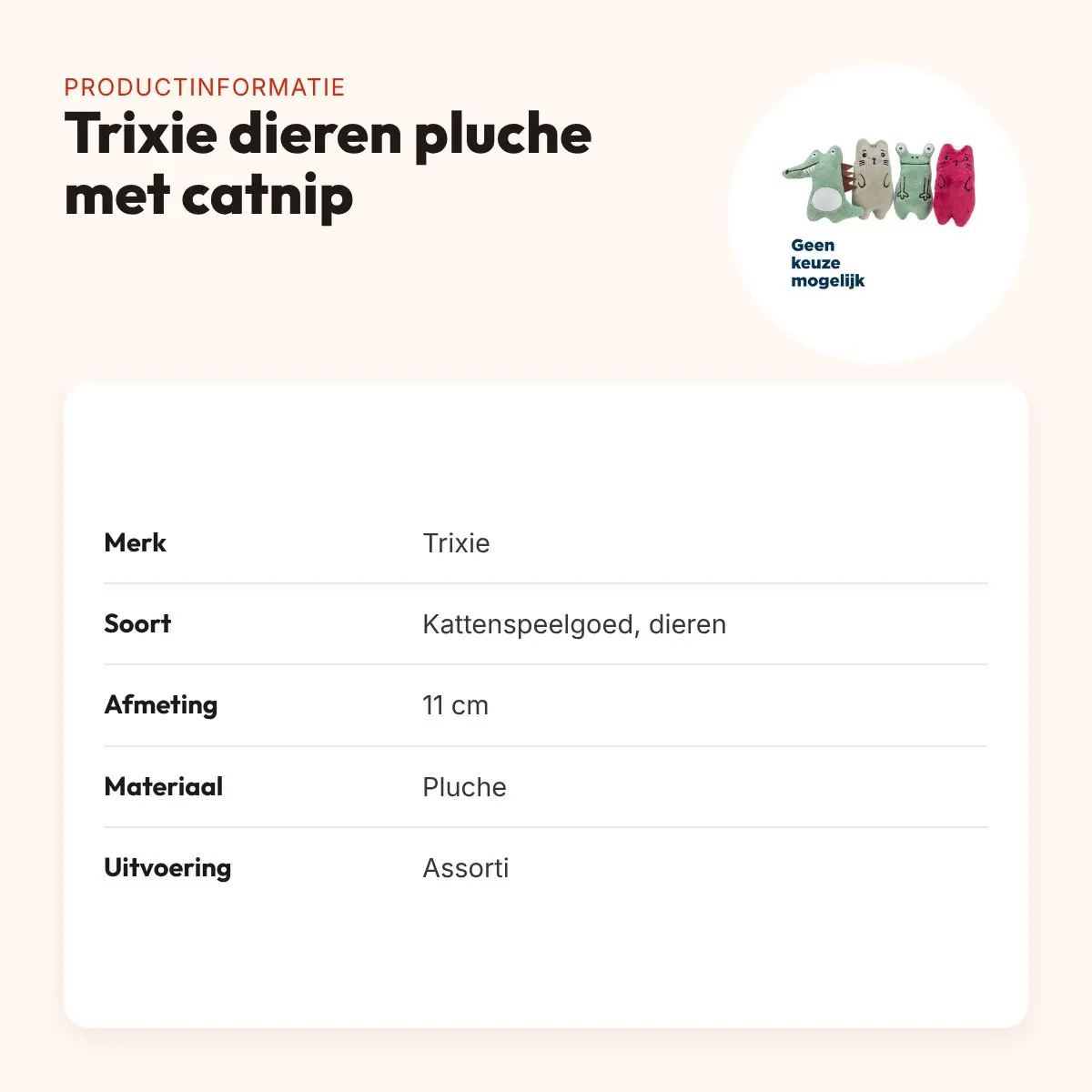 Trixie kattenspeeltje dieren pluche met catnip assorti 11 cm – productinformatie