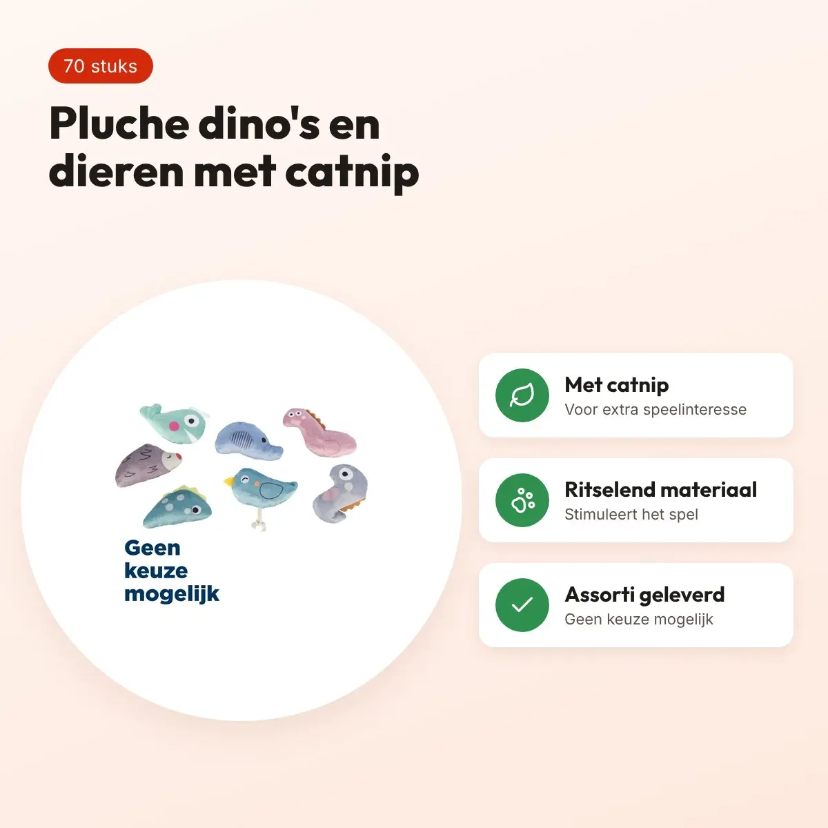 Trixie kattenspeeltje dino's en dieren pluche met catnip 9 cm – 70 stuks – voordelen