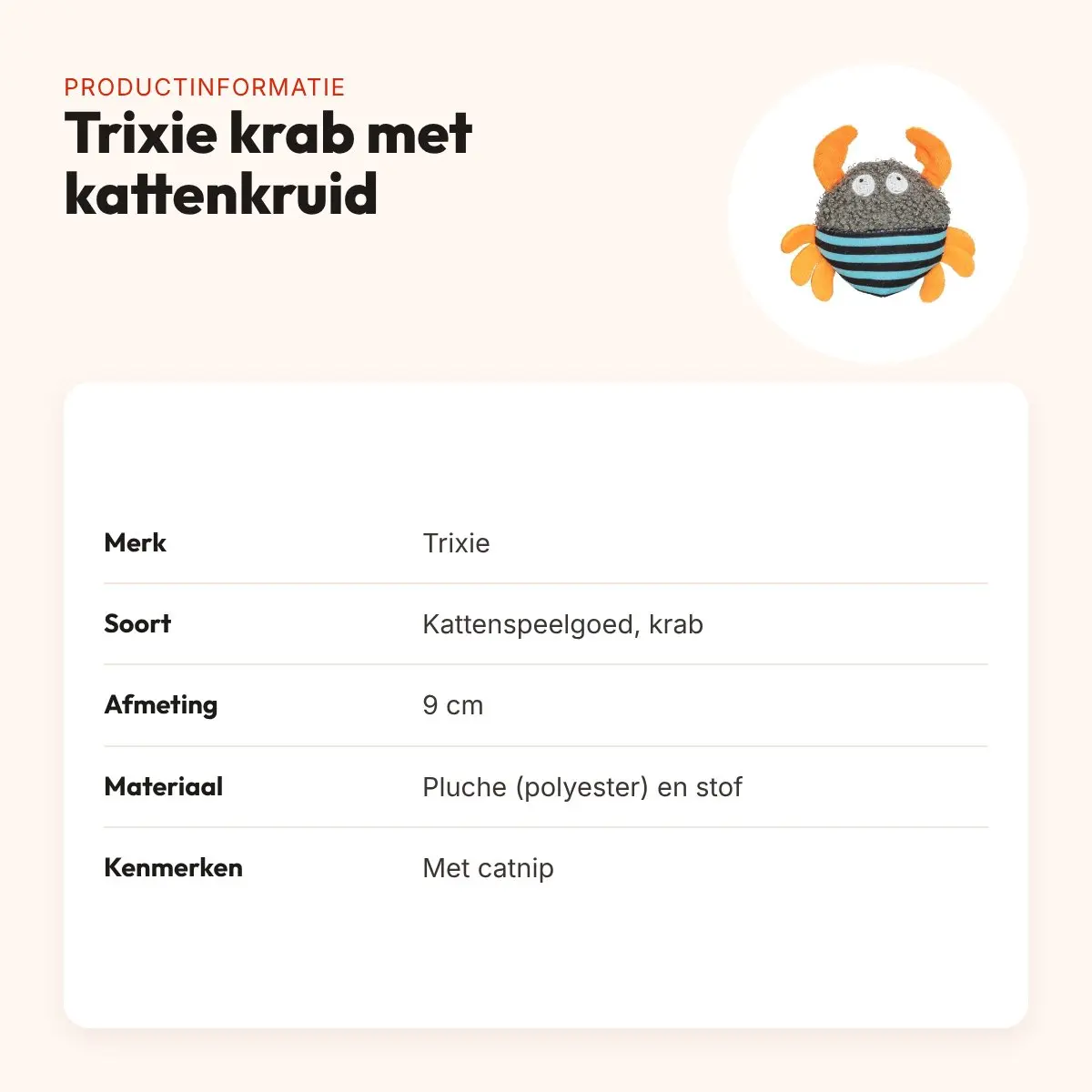 Trixie kattenspeeltje krab pluche/stof met kattenkruid 9 cm – productinformatie