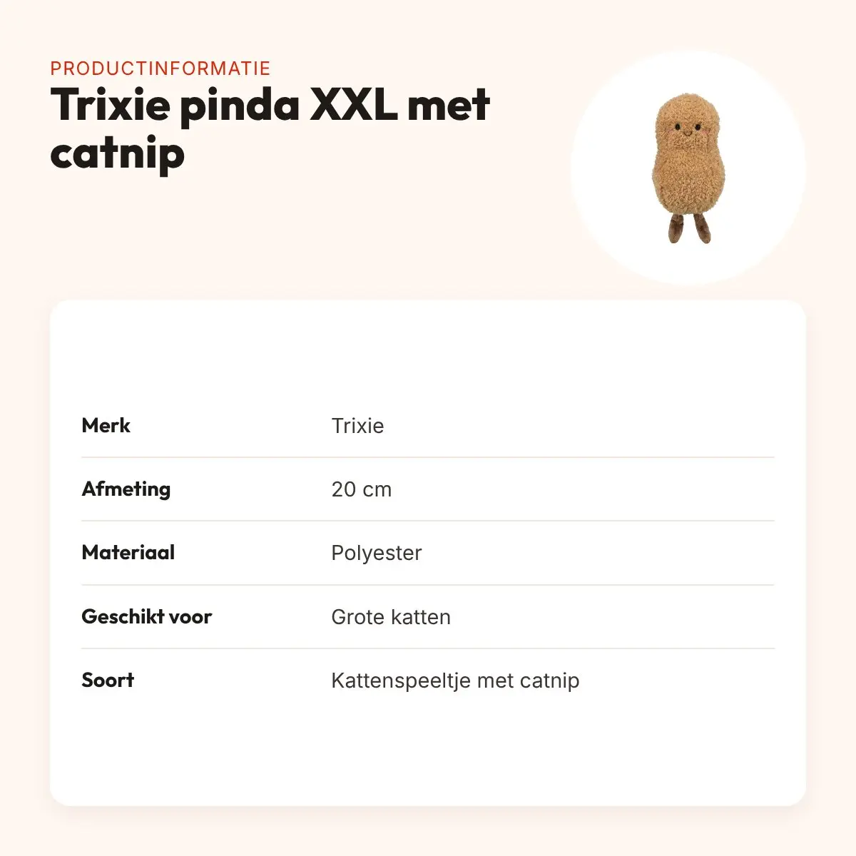Trixie kattenspeeltje pinda XXL pluche met Amerikaanse catnip 20 cm – productinformatie