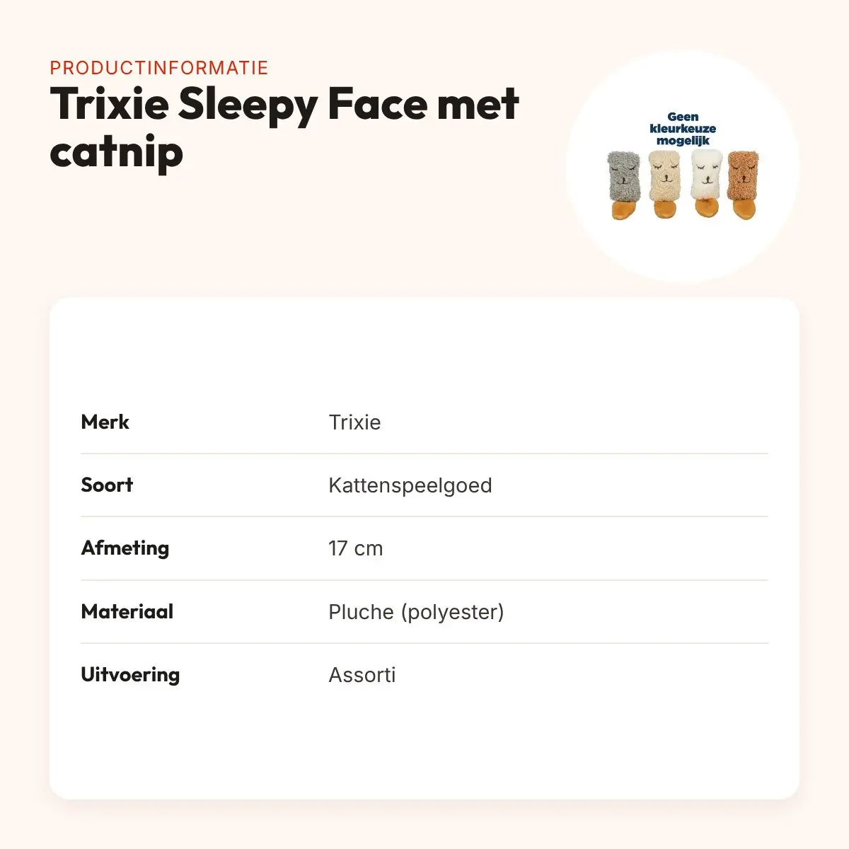 Trixie kattenspeeltje Sleepy Face pluche met catnip assorti 17 cm – productinformatie