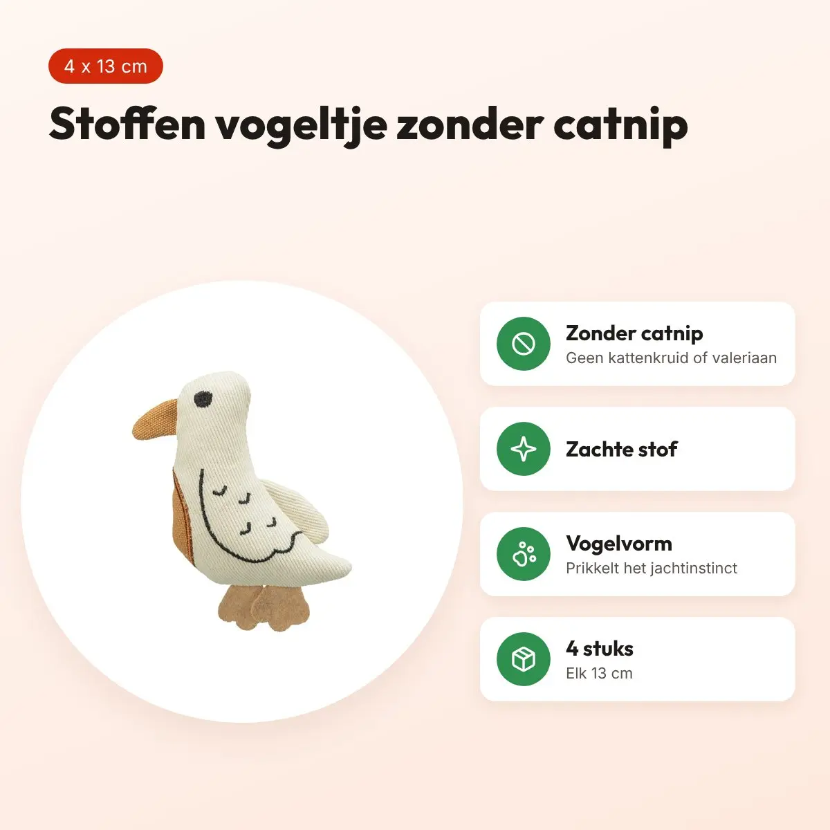 Trixie kattenspeeltje vogel stof 13 cm – 4 stuks, zonder catnip – voordelen