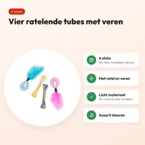 Trixie kattenspeeltjes set tubes met ratel assorti – 4 stuks met veren – voordelen