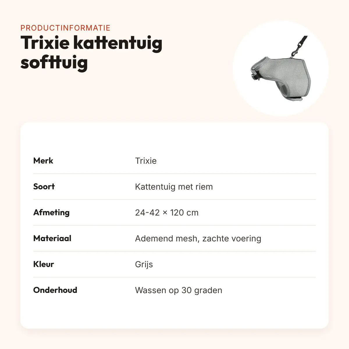 Trixie kattentuig softtuig met riem grijs 24-42 x 120 cm – ademend mesh – productinformatie