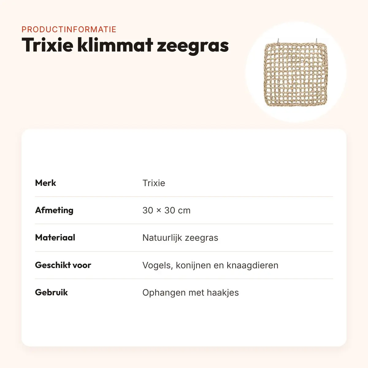 Trixie klimmat zeegras 30 x 30 cm – voor vogels, konijnen en knaagdieren – productinformatie