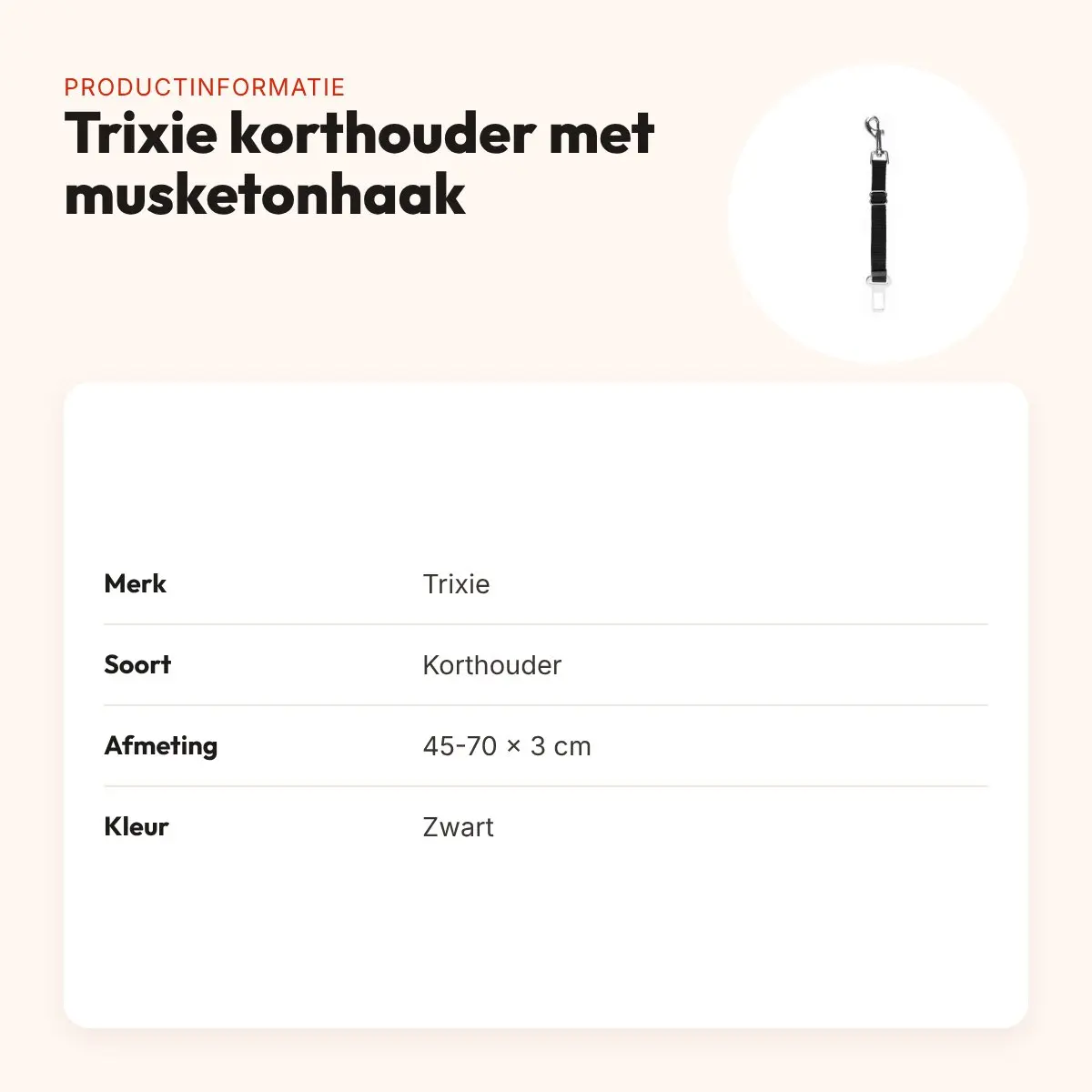 Trixie korthouder met musketonhaak zwart 45-70 cm – voor autotuig – productinformatie