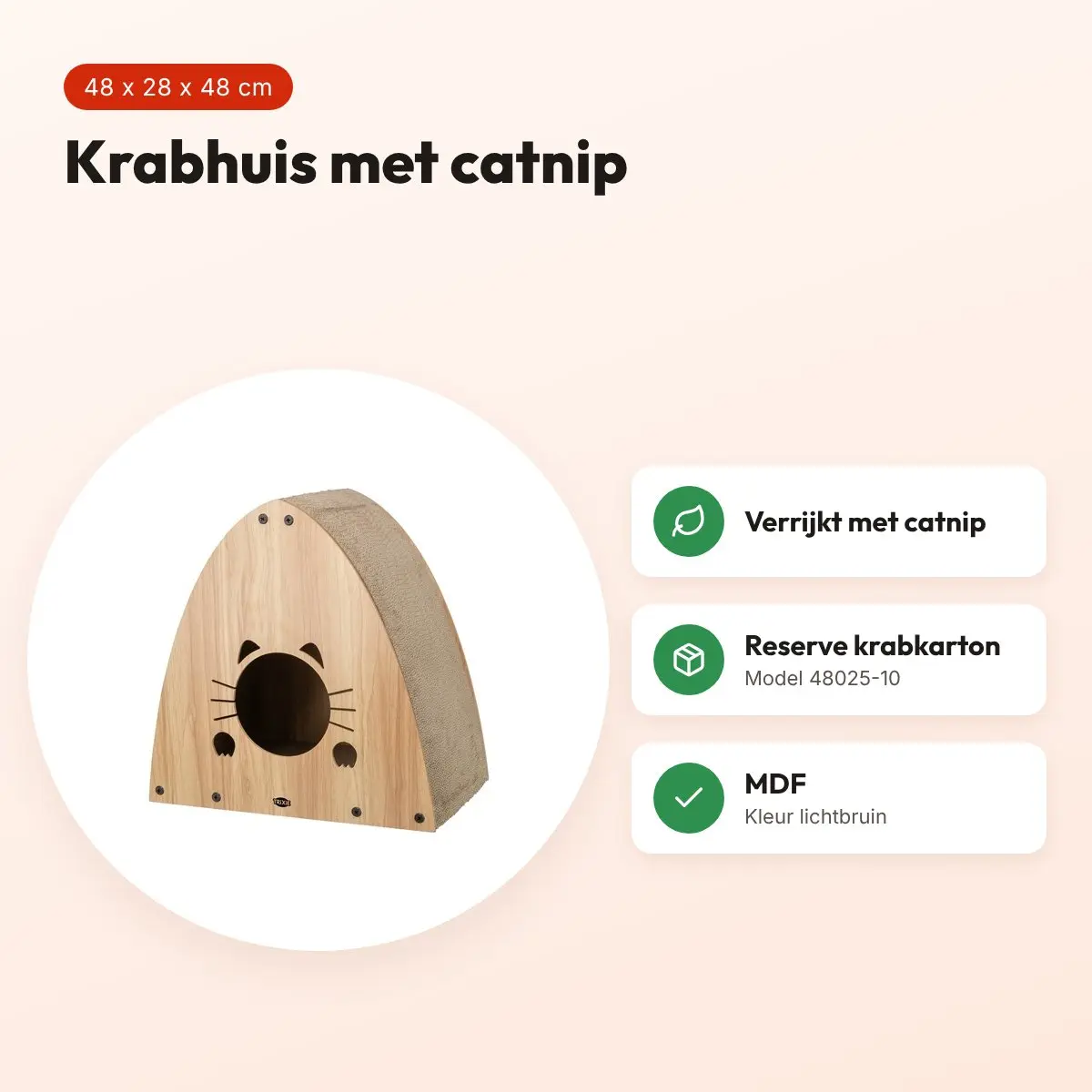 Trixie krabhuis MDF lichtbruin 48 x 28 x 48 cm – met catnip – voordelen