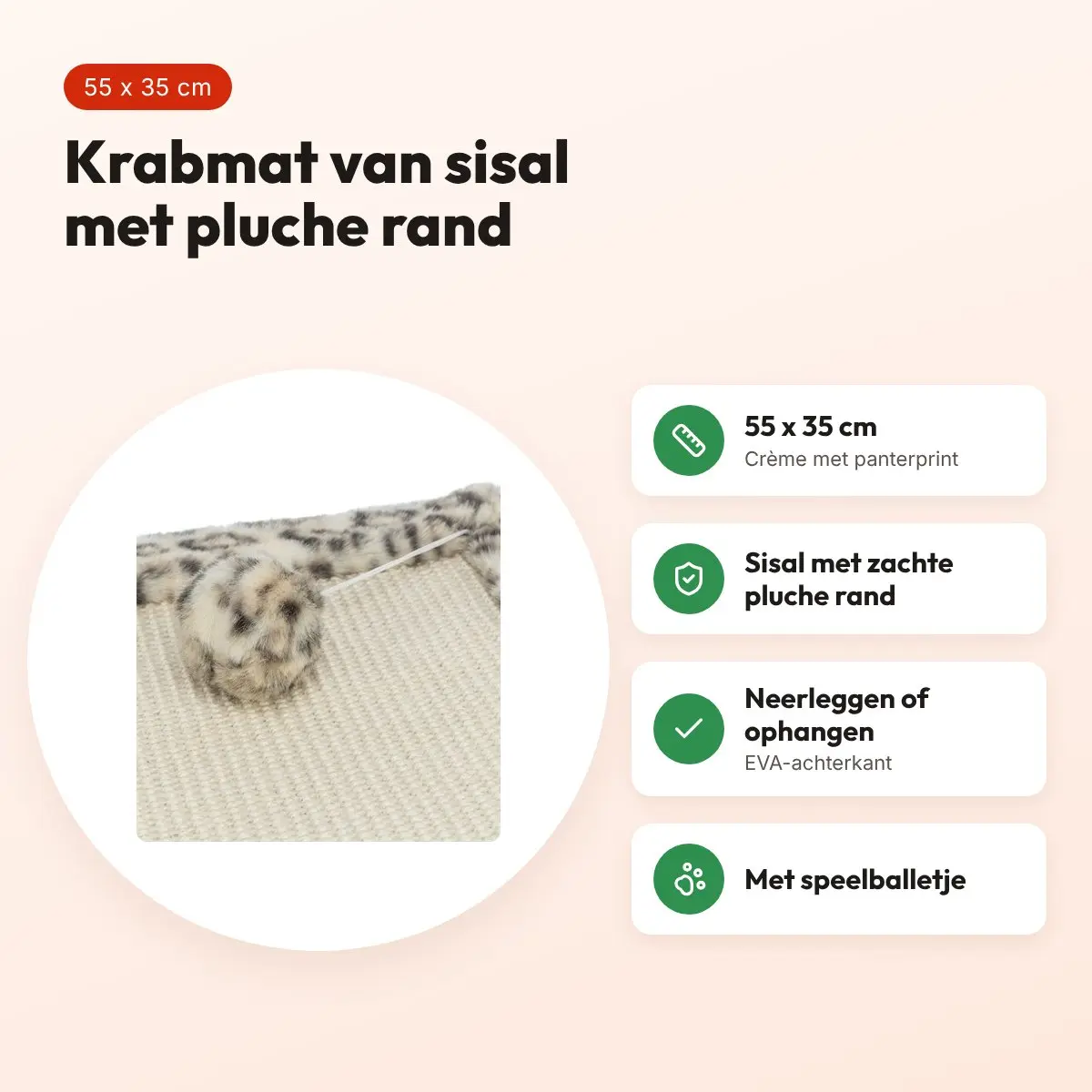 Trixie krabmat Leo panterprint crème 55 x 35 cm – met speelballetje – voordelen