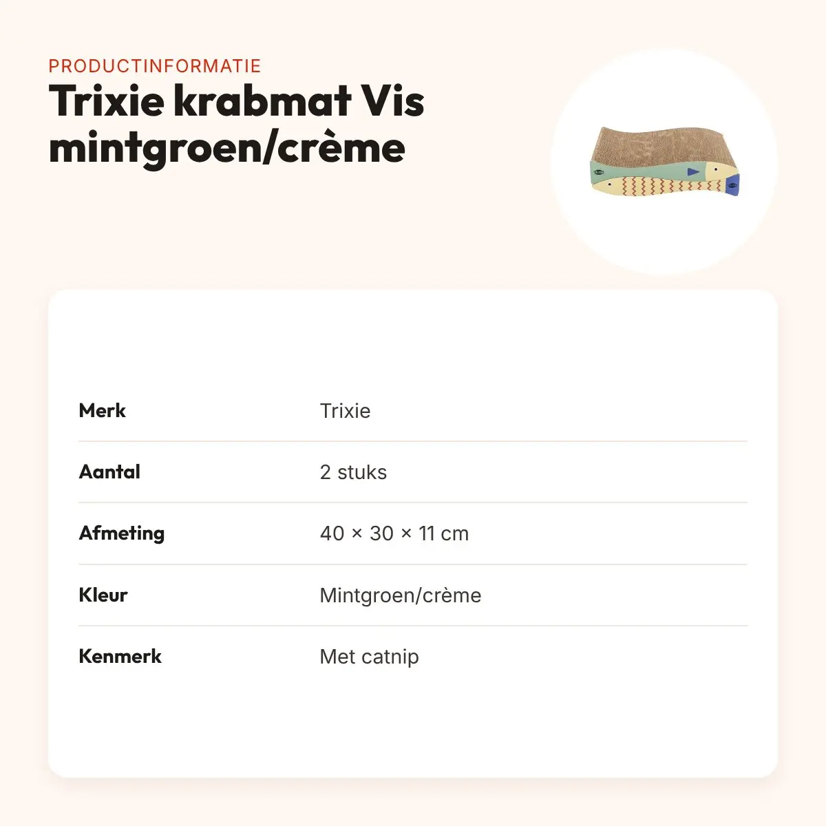 Trixie krabmat Vis met catnip mintgroen/crème 40 x 30 x 11 cm – set van 2 – productinformatie