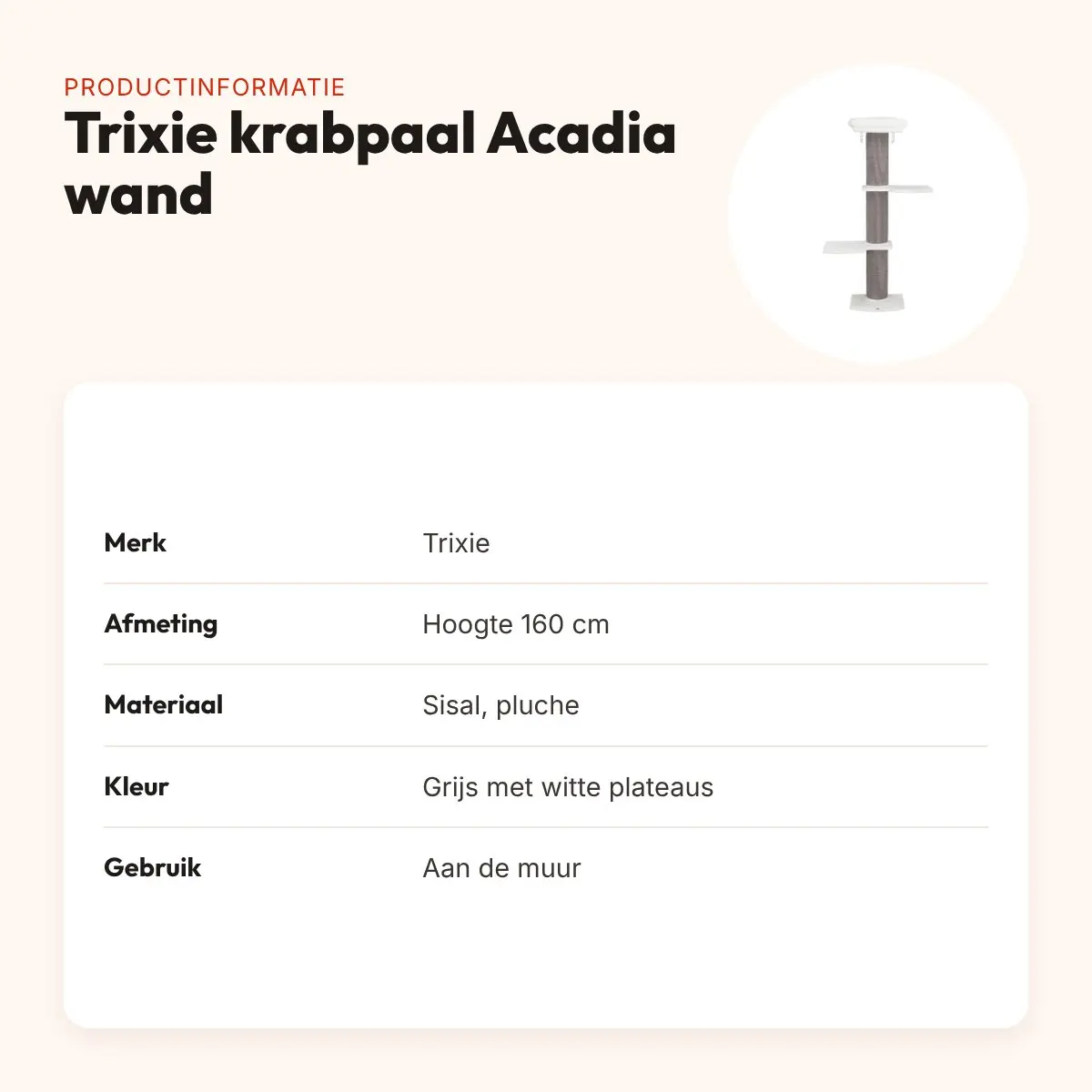 Trixie krabpaal Acadia voor aan de muur grijs 160 cm – drie ligplateaus – productinformatie