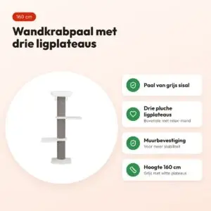 Trixie krabpaal Acadia voor aan de muur grijs 160 cm – drie ligplateaus – voordelen