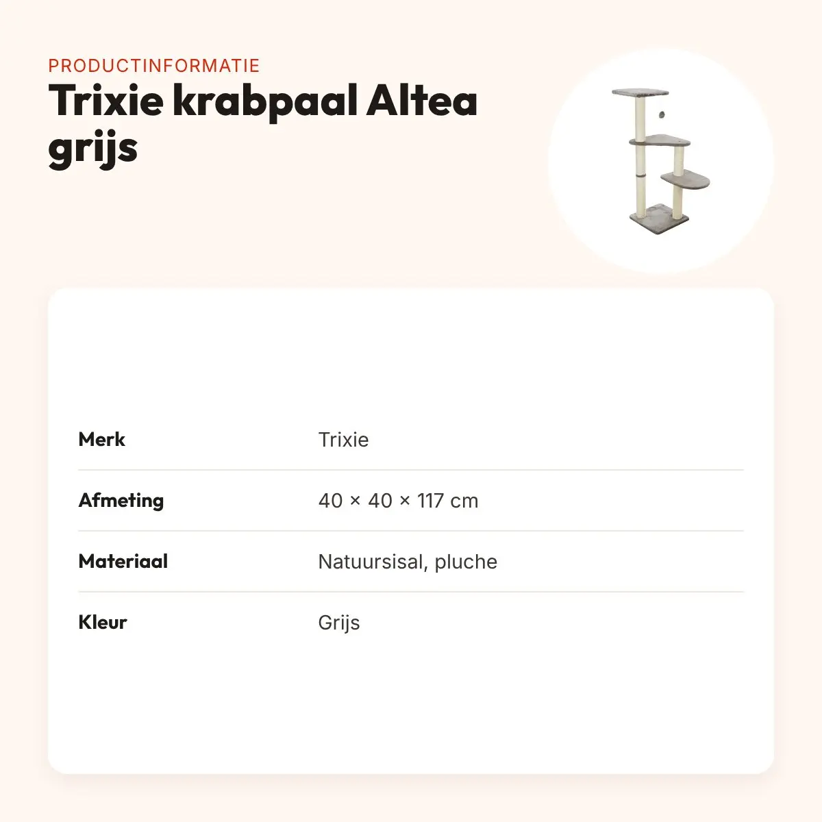 Trixie krabpaal Altea grijs 40 x 40 x 117 cm – pluche en natuursisal – productinformatie