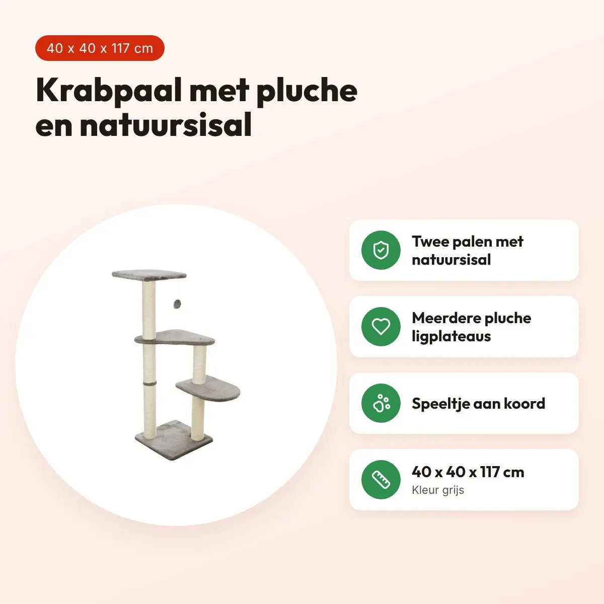 Trixie krabpaal Altea grijs 40 x 40 x 117 cm – pluche en natuursisal – voordelen