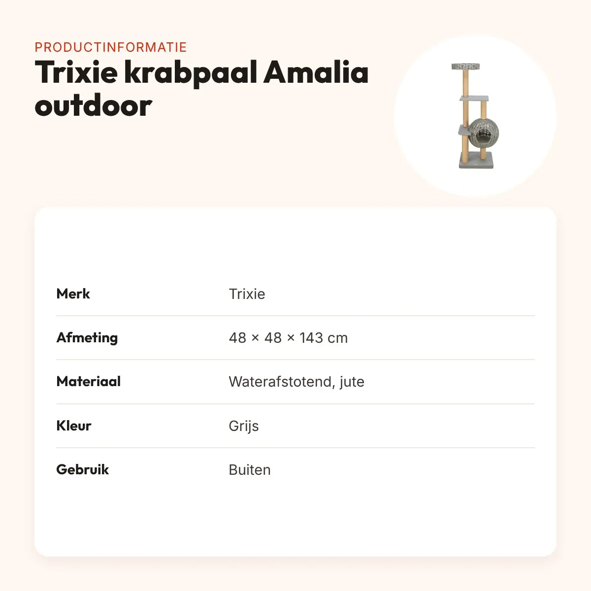 Trixie krabpaal Amalia outdoor grijs 48 x 48 x 143 cm – waterafstotend – productinformatie