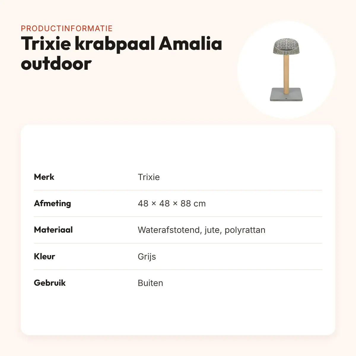 Trixie krabpaal Amalia outdoor grijs 48 x 48 x 88 cm – waterafstotend – productinformatie