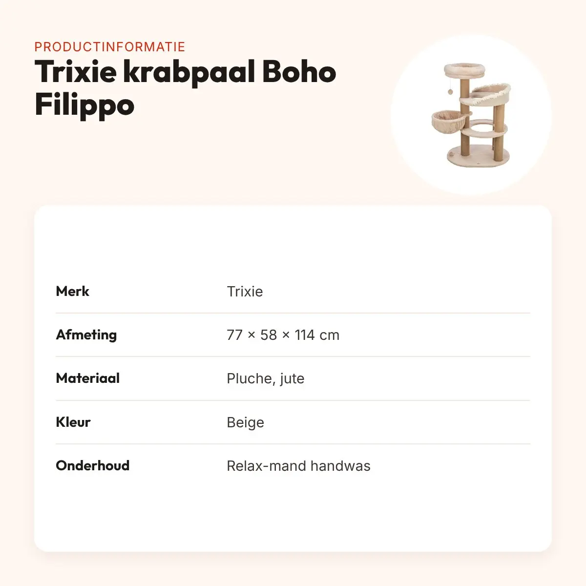 Trixie krabpaal Boho Filippo beige 77 x 58 x 114 cm – drie verdiepingen – productinformatie
