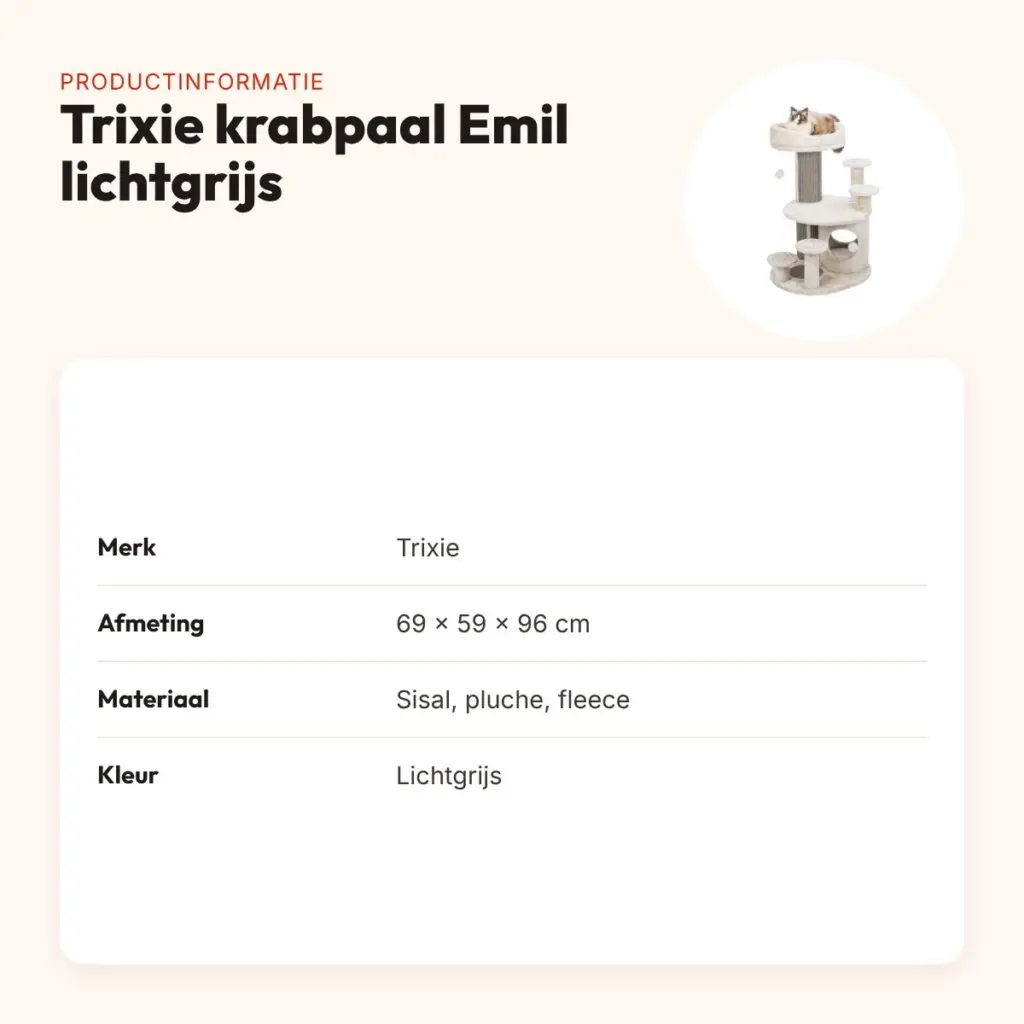 Trixie krabpaal Emil lichtgrijs 69 x 59 x 96 cm – schuilhuisje – productinformatie