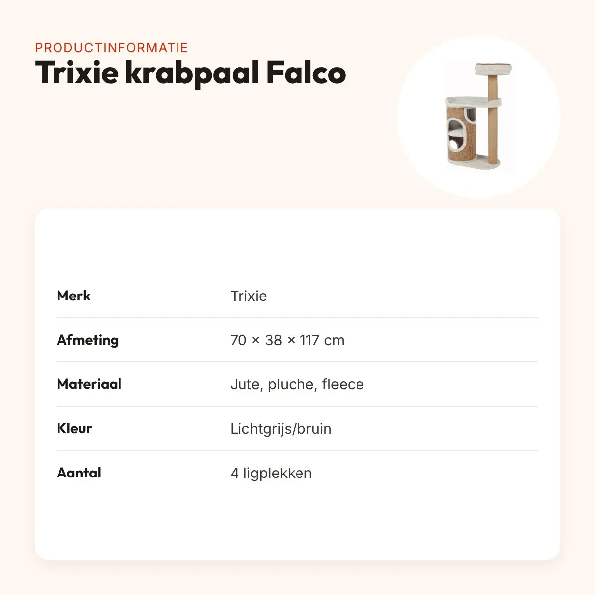 Trixie krabpaal Falco lichtgrijs/bruin 70 x 38 x 117 cm – 4 ligplekken – productinformatie