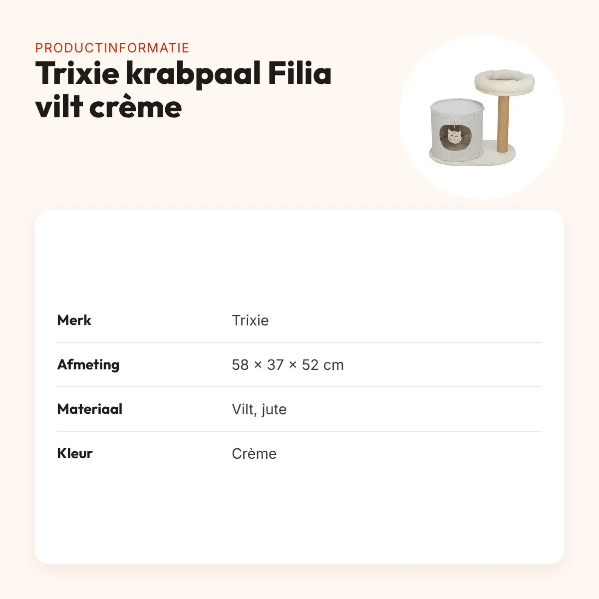 Trixie krabpaal Filia vilt crème 58 x 37 x 52 cm – compact – productinformatie