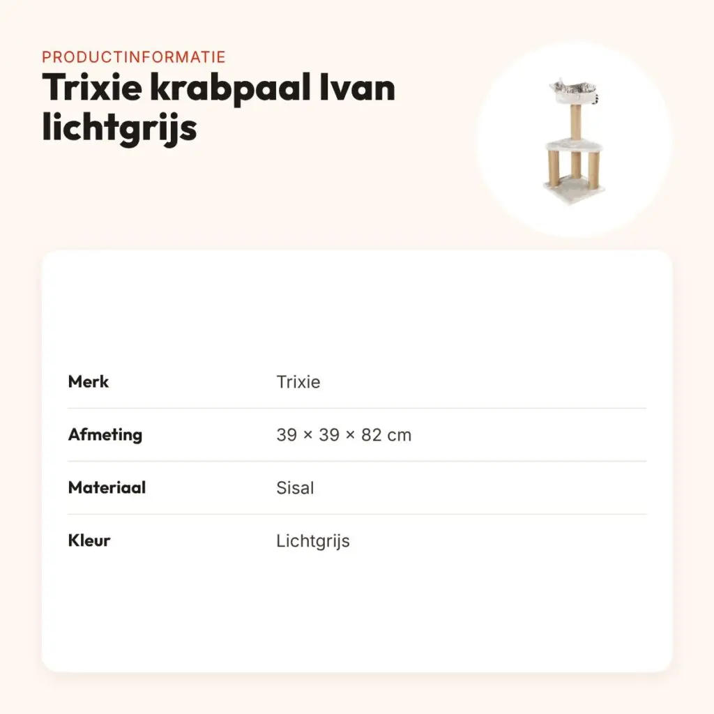 Trixie krabpaal Ivan lichtgrijs 39 x 39 x 82 cm – met ligmand – productinformatie