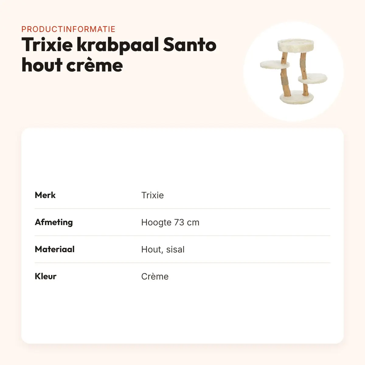 Trixie krabpaal Santo hout crème 73 cm – met sisal en mandje – productinformatie