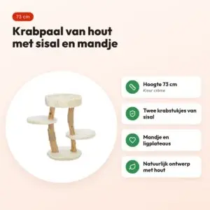 Trixie krabpaal Santo hout crème 73 cm – met sisal en mandje – voordelen