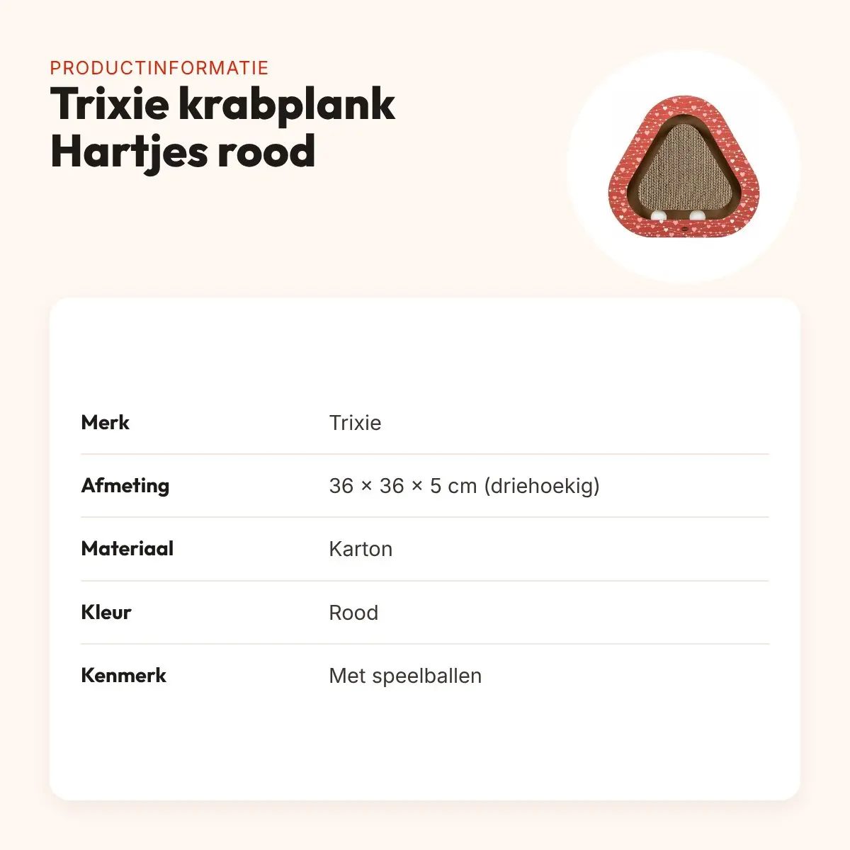 Trixie krabplank Hartjes met ballen rood driehoekig 36 x 36 x 5 cm – productinformatie