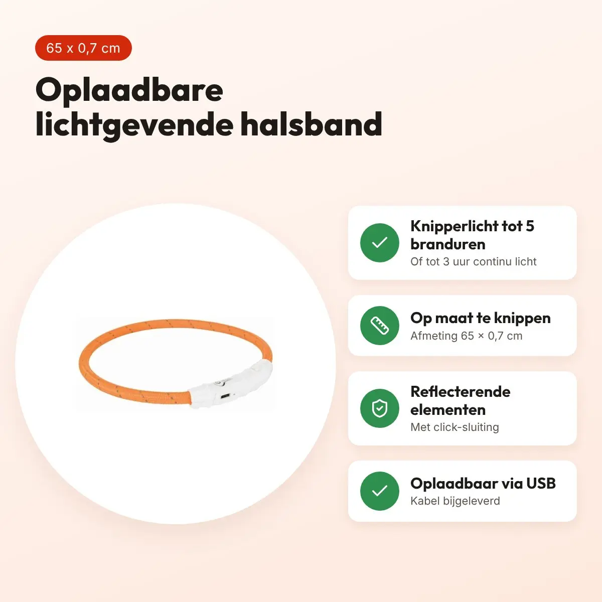 Trixie lichtgevende halsband Flash USB oranje 65 x 0,7 cm – TPU/nylon – voordelen