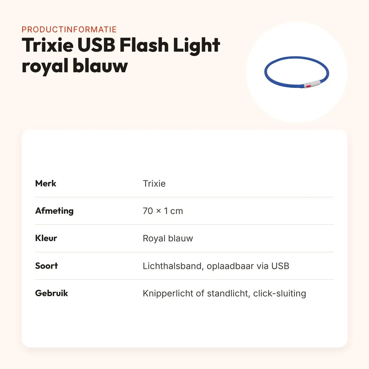 Trixie lichtgevende halsband USB Flash Light royal blauw 70 x 1 cm – productinformatie