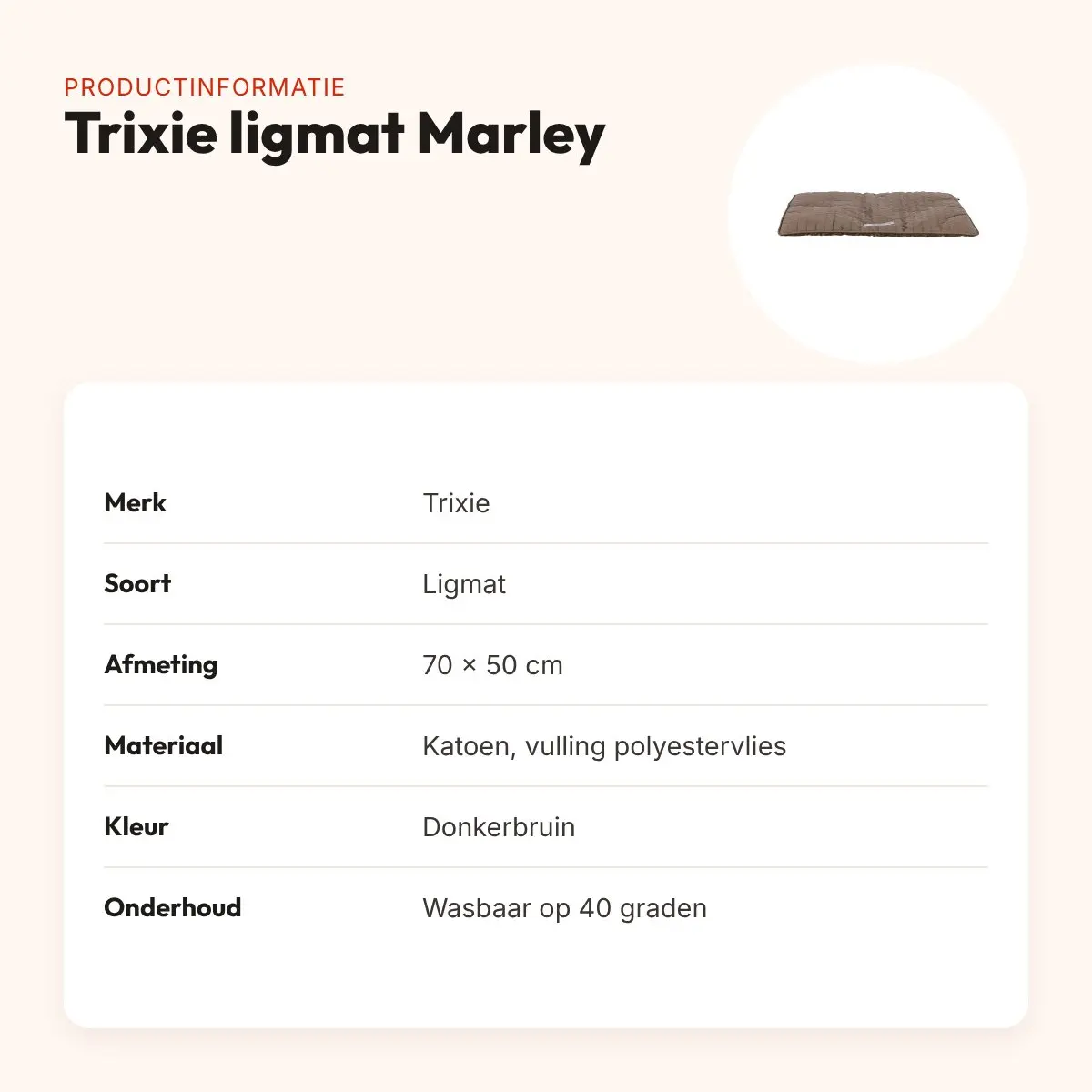 Trixie ligmat Marley donkerbruin 70 x 50 cm – katoen, slipvast – productinformatie