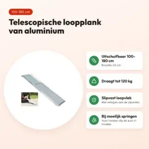Trixie loopplank hond aluminium telescopisch 100-180 x 43 cm – tot 120 kg – voordelen