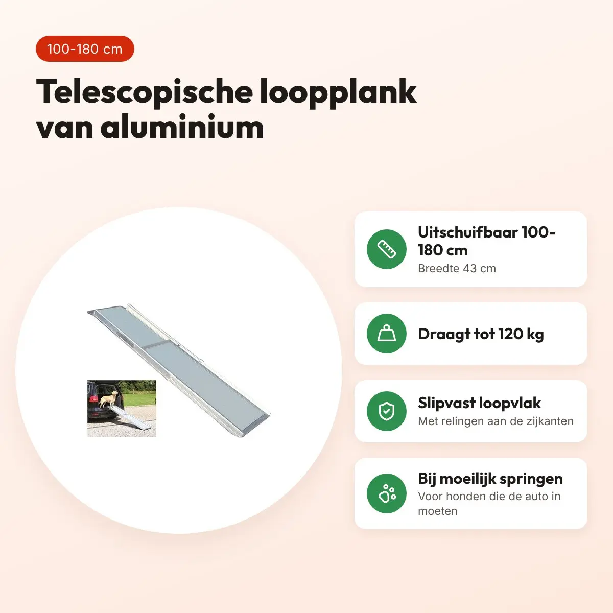 Trixie loopplank hond aluminium telescopisch 100-180 x 43 cm – tot 120 kg – voordelen