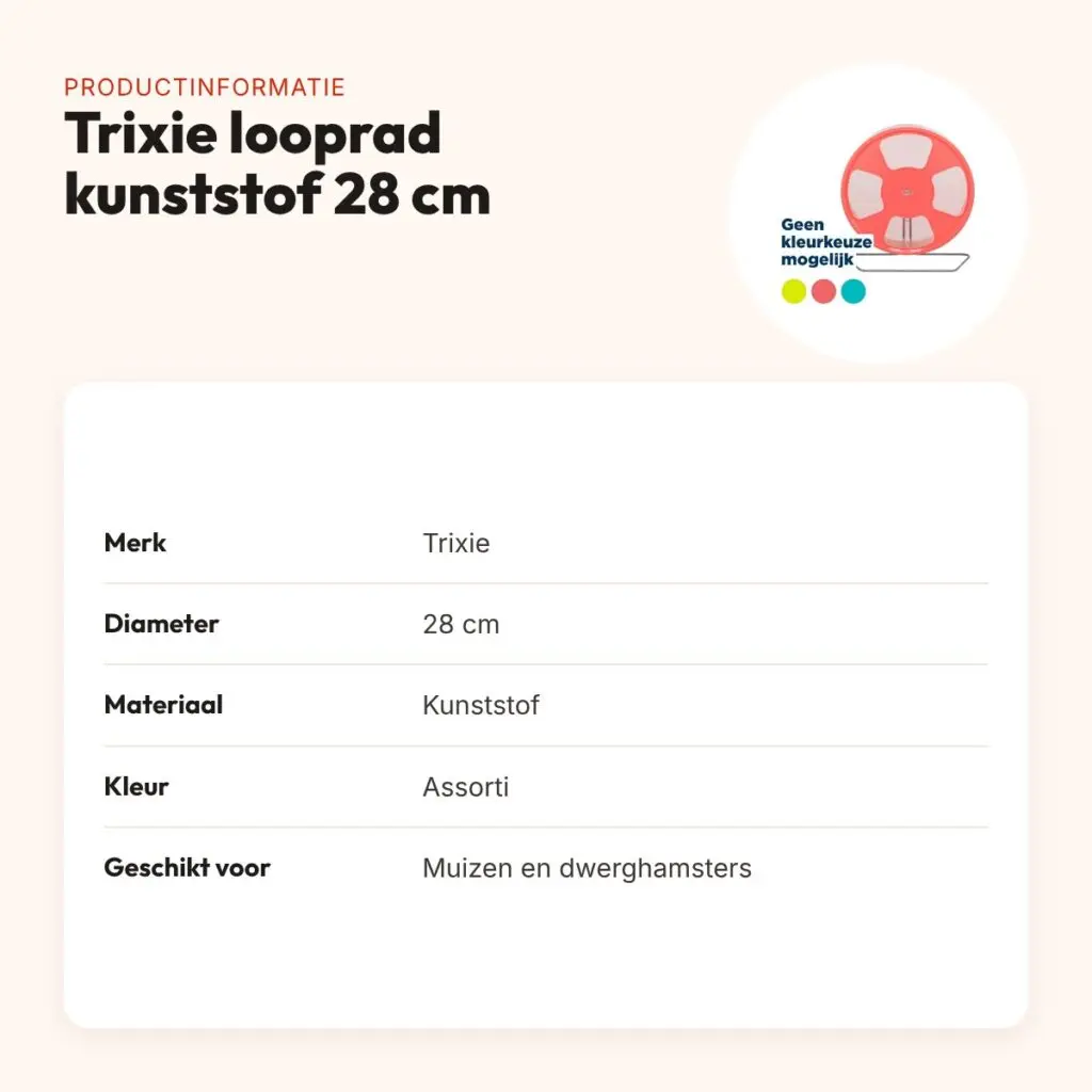 Trixie looprad kunststof 28 cm – fluisterstil, assorti kleuren – productinformatie