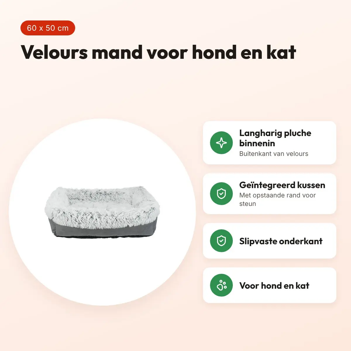 Trixie mand Harvey grijs/wit 60 x 50 cm – velours, voor hond en kat – voordelen