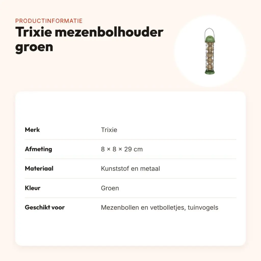 Trixie mezenbolhouder groen 8 x 8 x 29 cm – kunststof en metaal – productinformatie