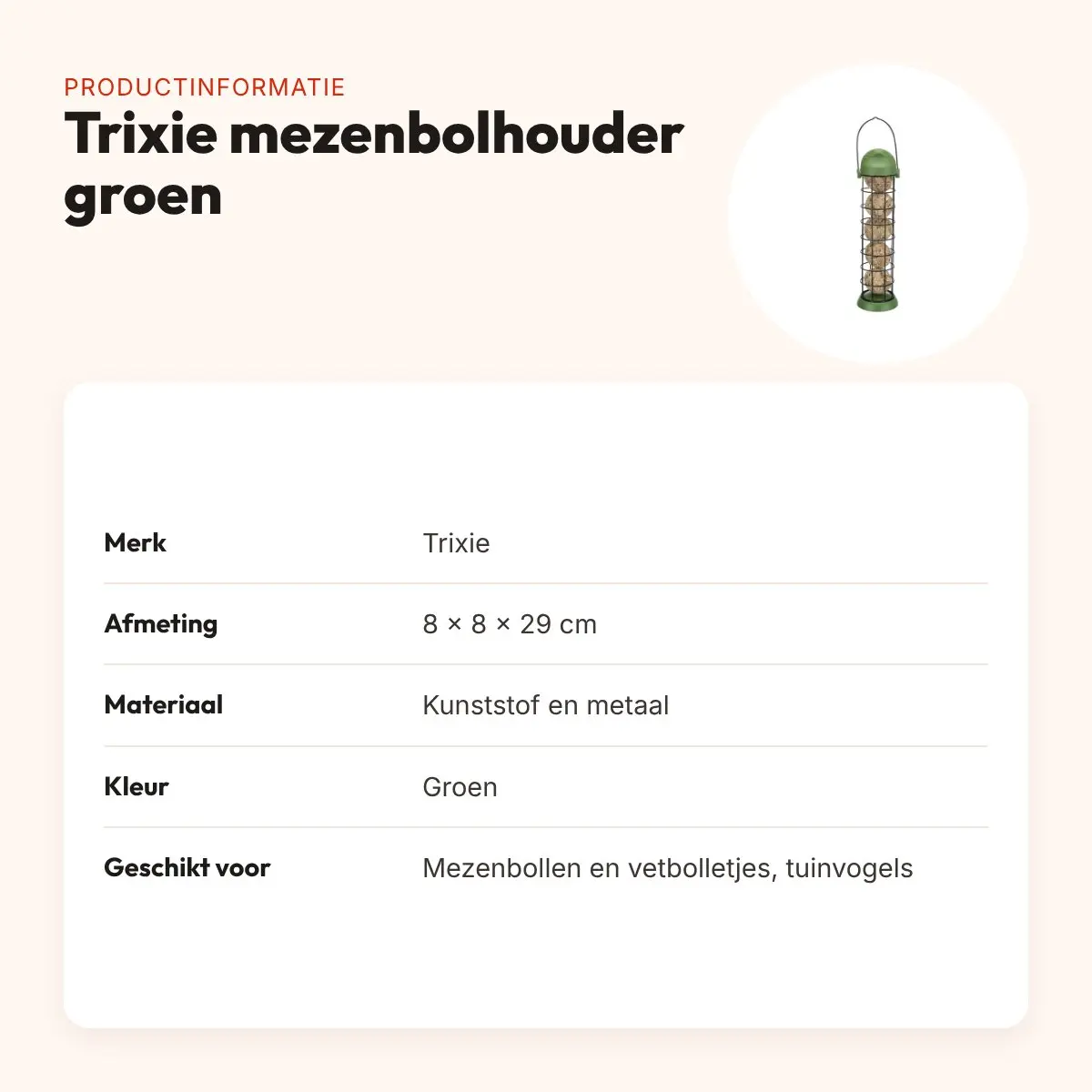 Trixie mezenbolhouder groen 8 x 8 x 29 cm – kunststof en metaal – productinformatie