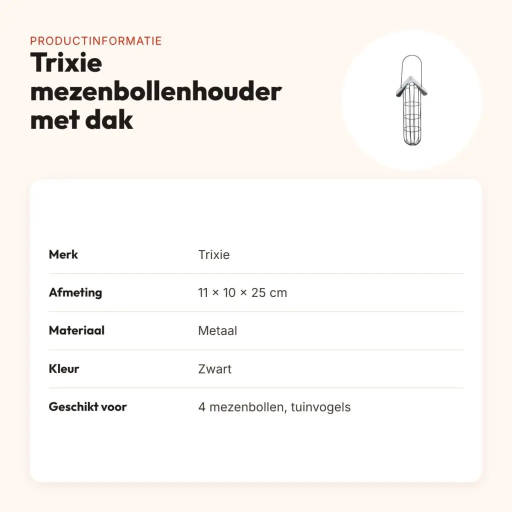 Trixie mezenbollenhouder met dak 4 bollen – metaal zwart, 11 x 10 x 25 cm – productinformatie