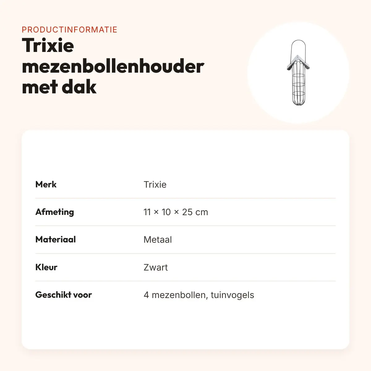 Trixie mezenbollenhouder met dak 4 bollen – metaal zwart, 11 x 10 x 25 cm – productinformatie