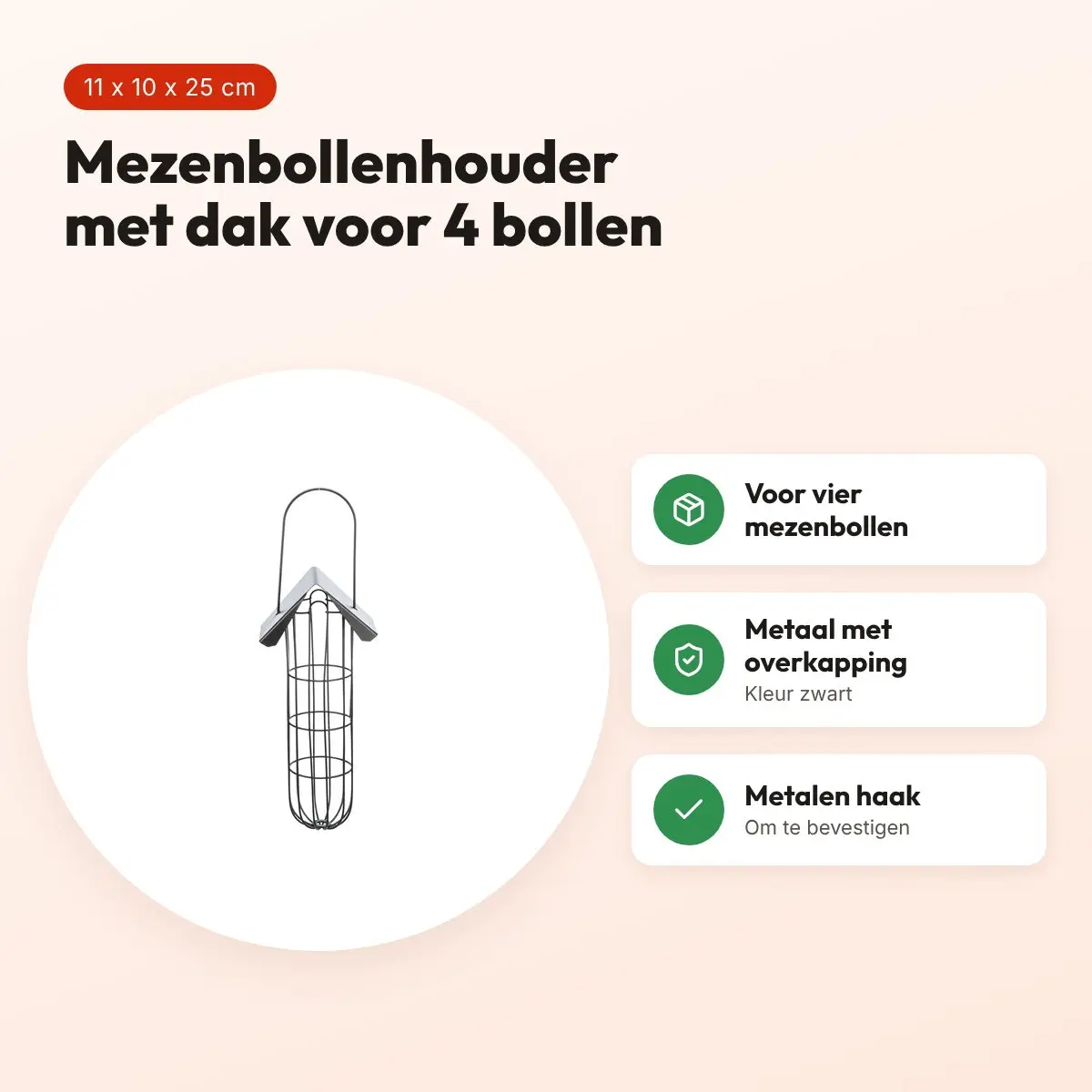 Trixie mezenbollenhouder met dak 4 bollen – metaal zwart, 11 x 10 x 25 cm – voordelen