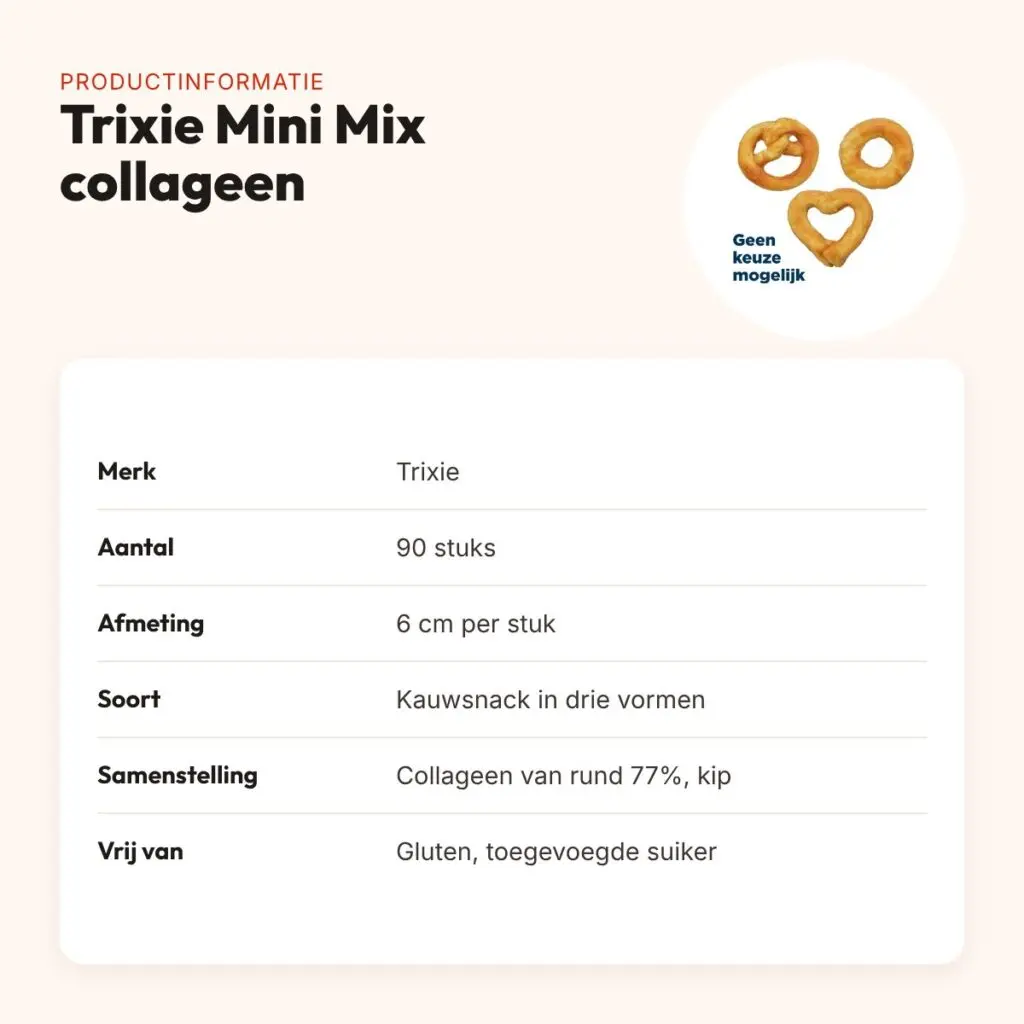 Trixie Mini Mix collageen 6 cm – pretzel, hart en ring, 90 stuks – productinformatie