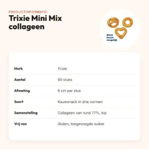 Trixie Mini Mix collageen 6 cm – pretzel, hart en ring, 90 stuks – productinformatie