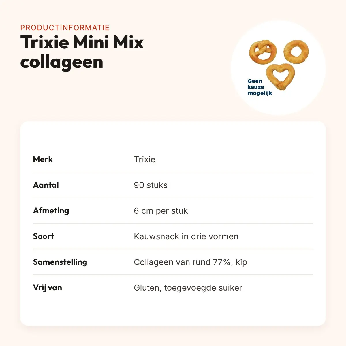 Trixie Mini Mix collageen 6 cm – pretzel, hart en ring, 90 stuks – productinformatie