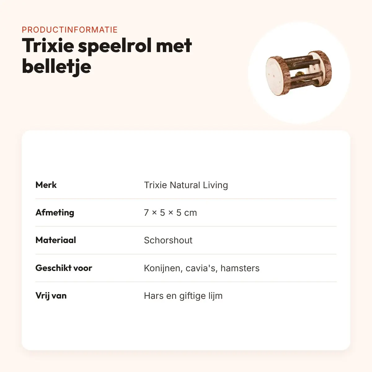 Trixie Natural Living speelrol met belletje 7 x 5 x 5 cm – schorshout – productinformatie