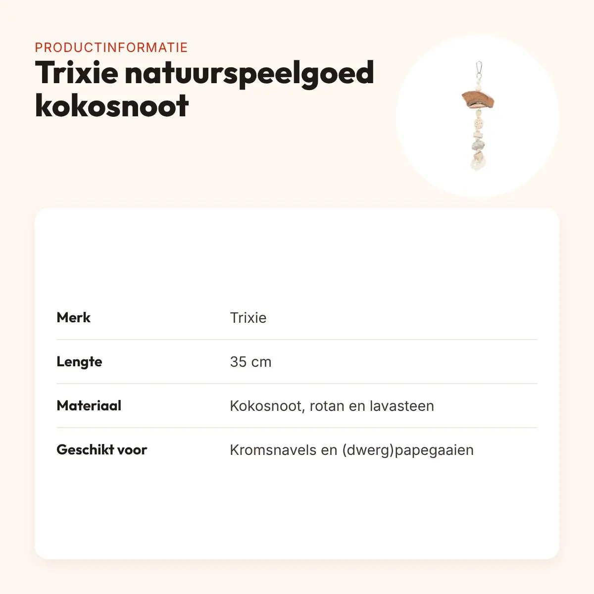 Trixie natuurspeelgoed kokosnoot, rotan en lavasteen 35 cm – voor vogels – productinformatie