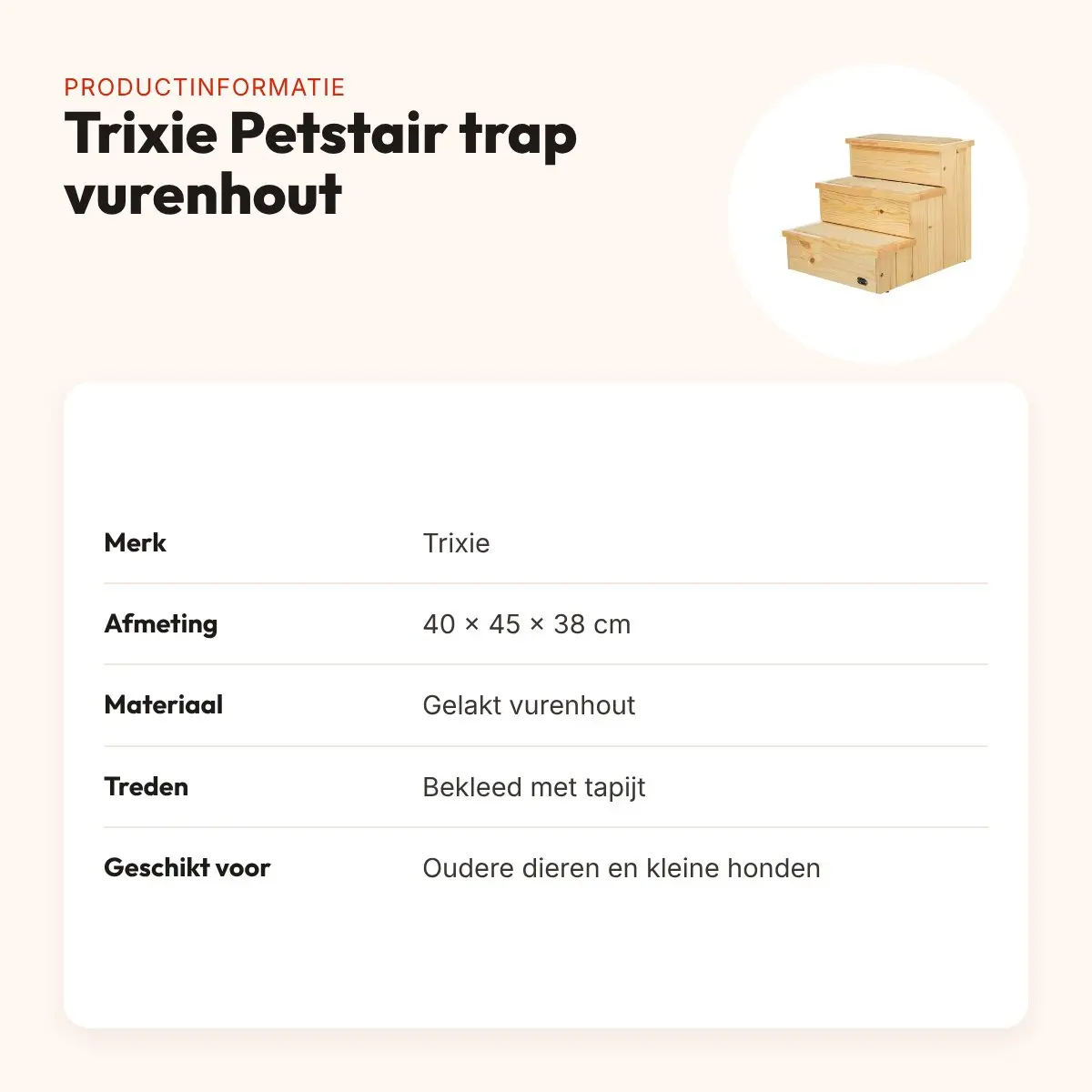 Trixie Petstair trap vurenhout 40 x 45 x 38 cm – met tapijt, hond en kat – productinformatie